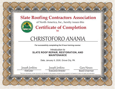Christoforo Anania - January 9, 2026, Introduction to Slate Roof Repair Course, Grove City, PA