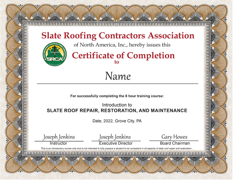 Slate Roof Repair Course: Certificate of Completion
